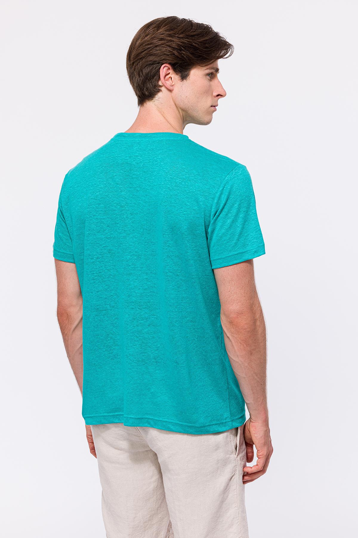 Erkek Petrol Bisiklet Yaka Keten T-Shirt