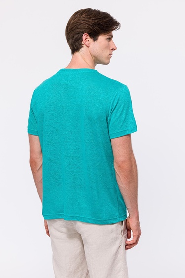  Erkek Petrol Bisiklet Yaka Keten T-Shirt