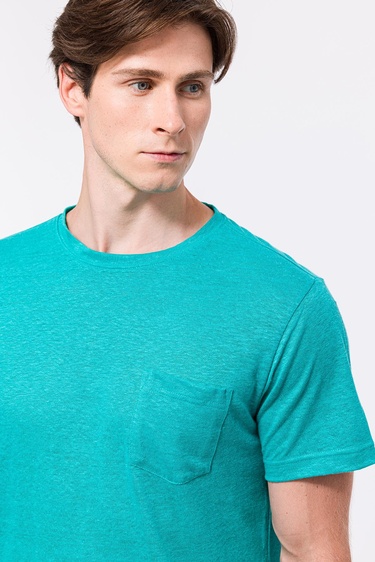  Erkek Petrol Bisiklet Yaka Keten T-Shirt