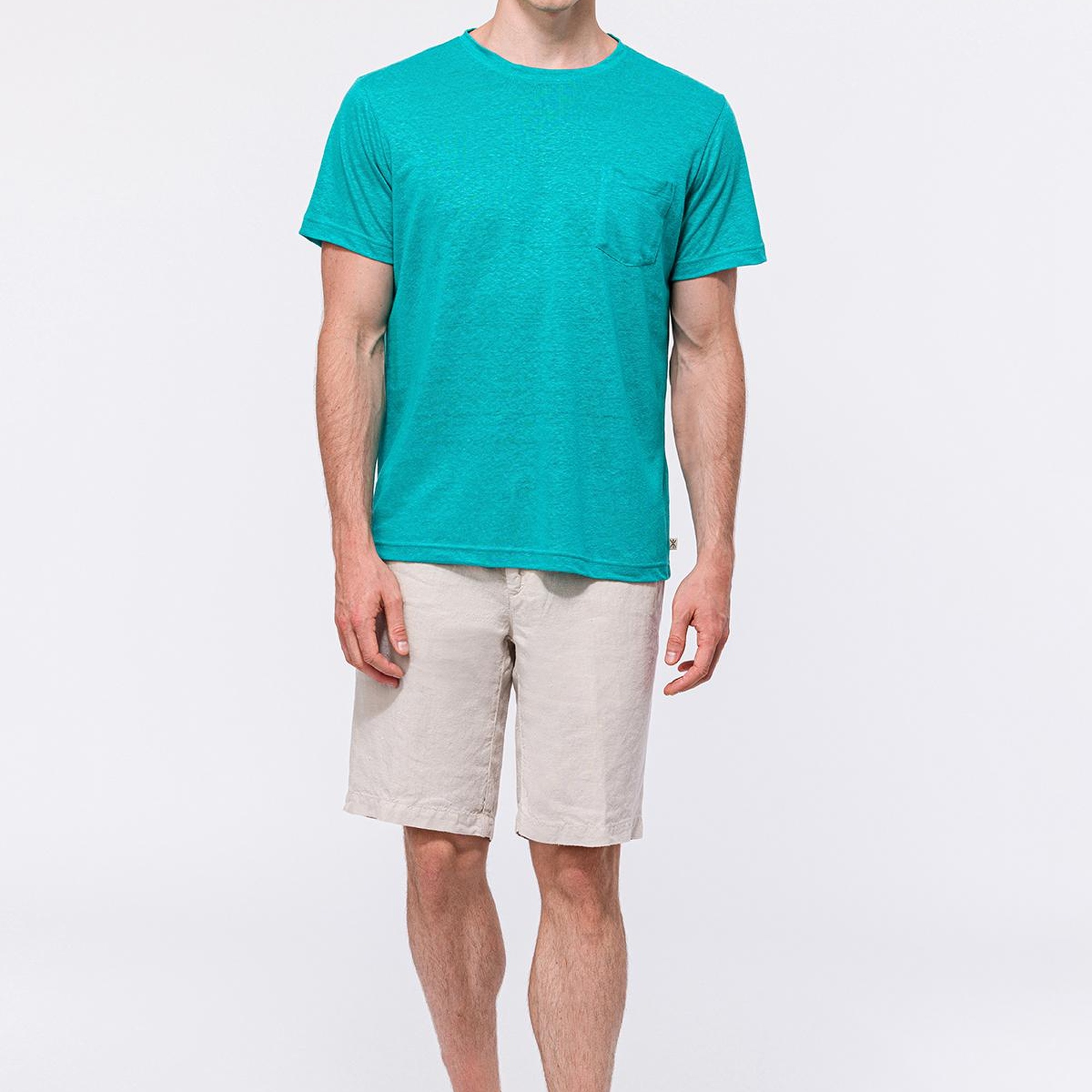 Erkek Petrol Bisiklet Yaka Keten T-Shirt