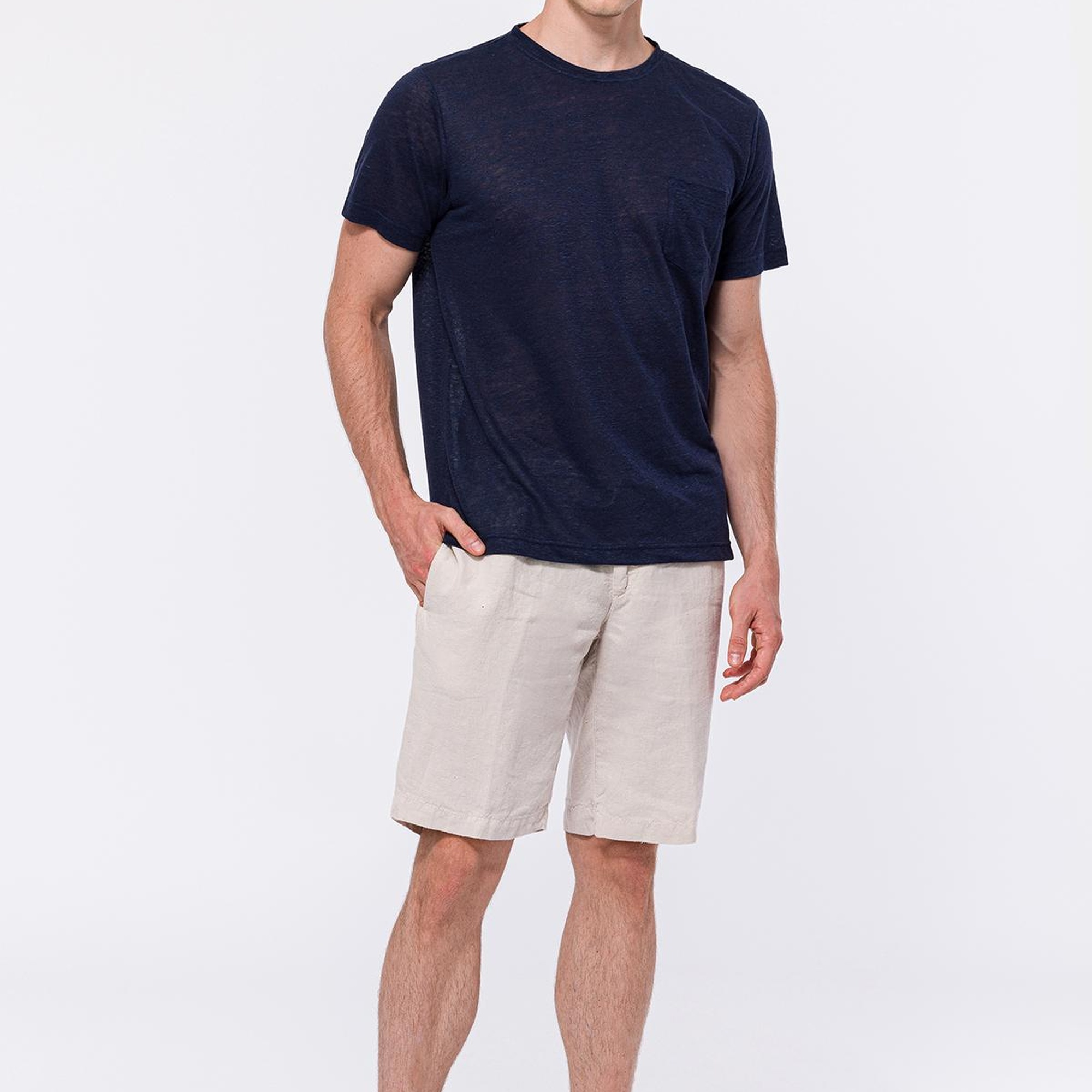 Erkek Lacivert Bisiklet Yaka Keten T-Shirt