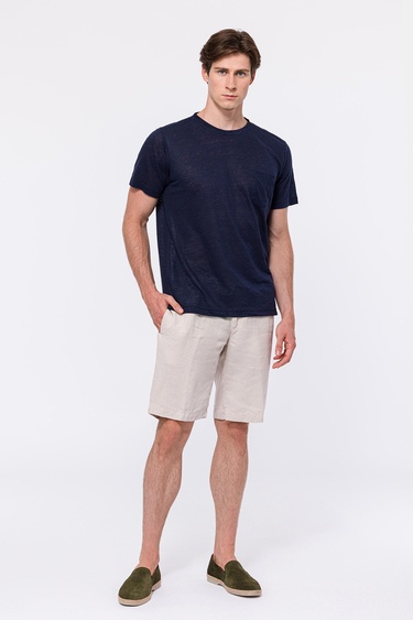  Erkek Lacivert Bisiklet Yaka Keten T-Shirt