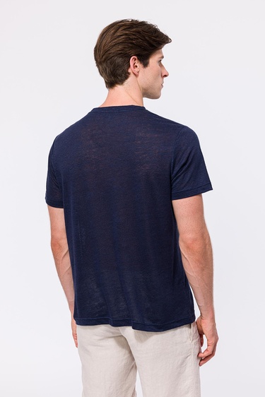  Erkek Lacivert Bisiklet Yaka Keten T-Shirt