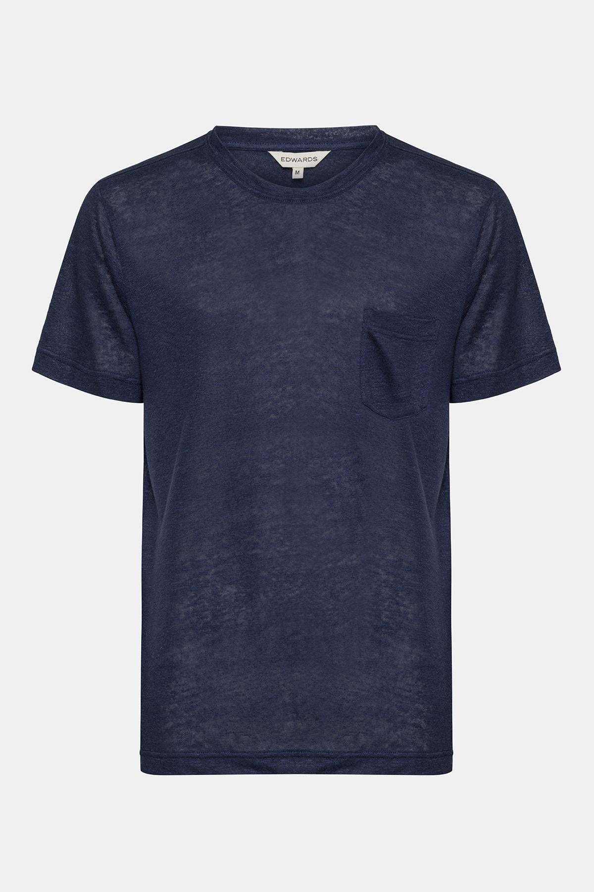  Erkek Lacivert Bisiklet Yaka Keten T-Shirt