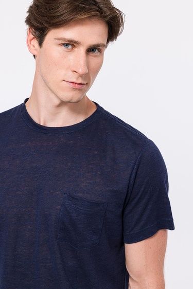  Erkek Lacivert Bisiklet Yaka Keten T-Shirt