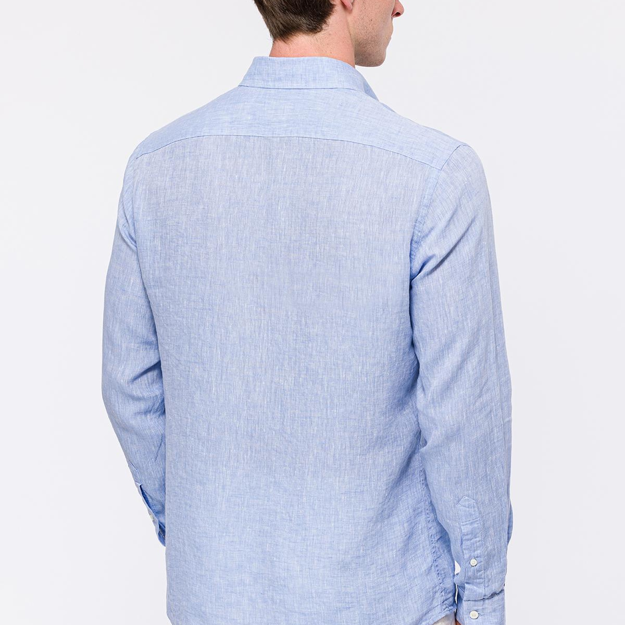 Erkek Açık Mavi Cooper Fit Düğmeli Yaka Keten Gömlek