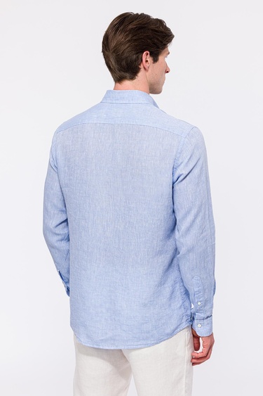  Erkek Açık Mavi Cooper Fit Düğmeli Yaka Keten Gömlek