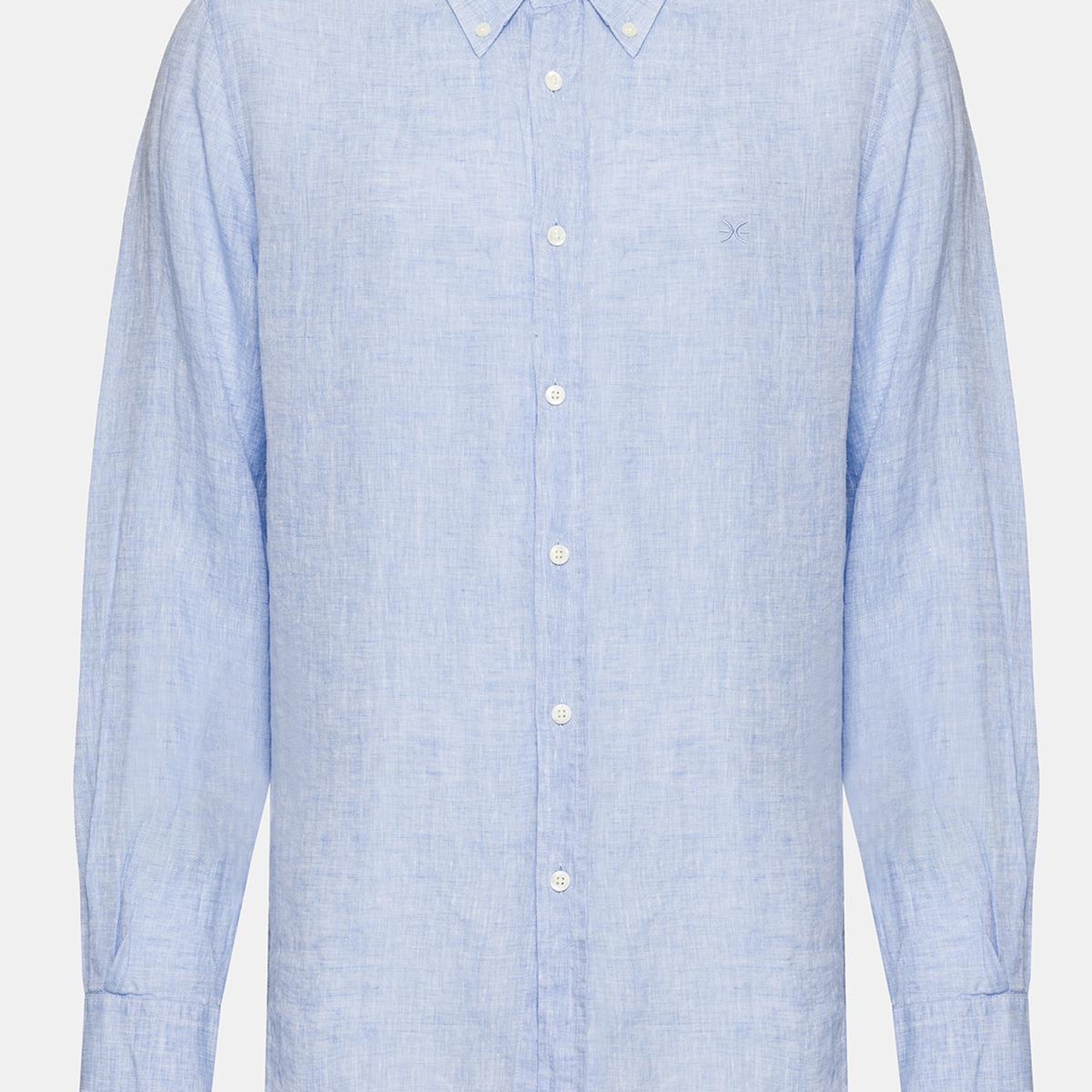 Erkek Açık Mavi Cooper Fit Düğmeli Yaka Keten Gömlek
