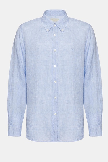  Erkek Açık Mavi Cooper Fit Düğmeli Yaka Keten Gömlek