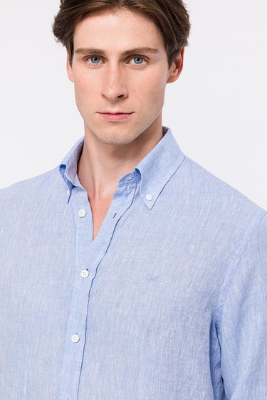  Erkek Açık Mavi Cooper Fit Düğmeli Yaka Keten Gömlek