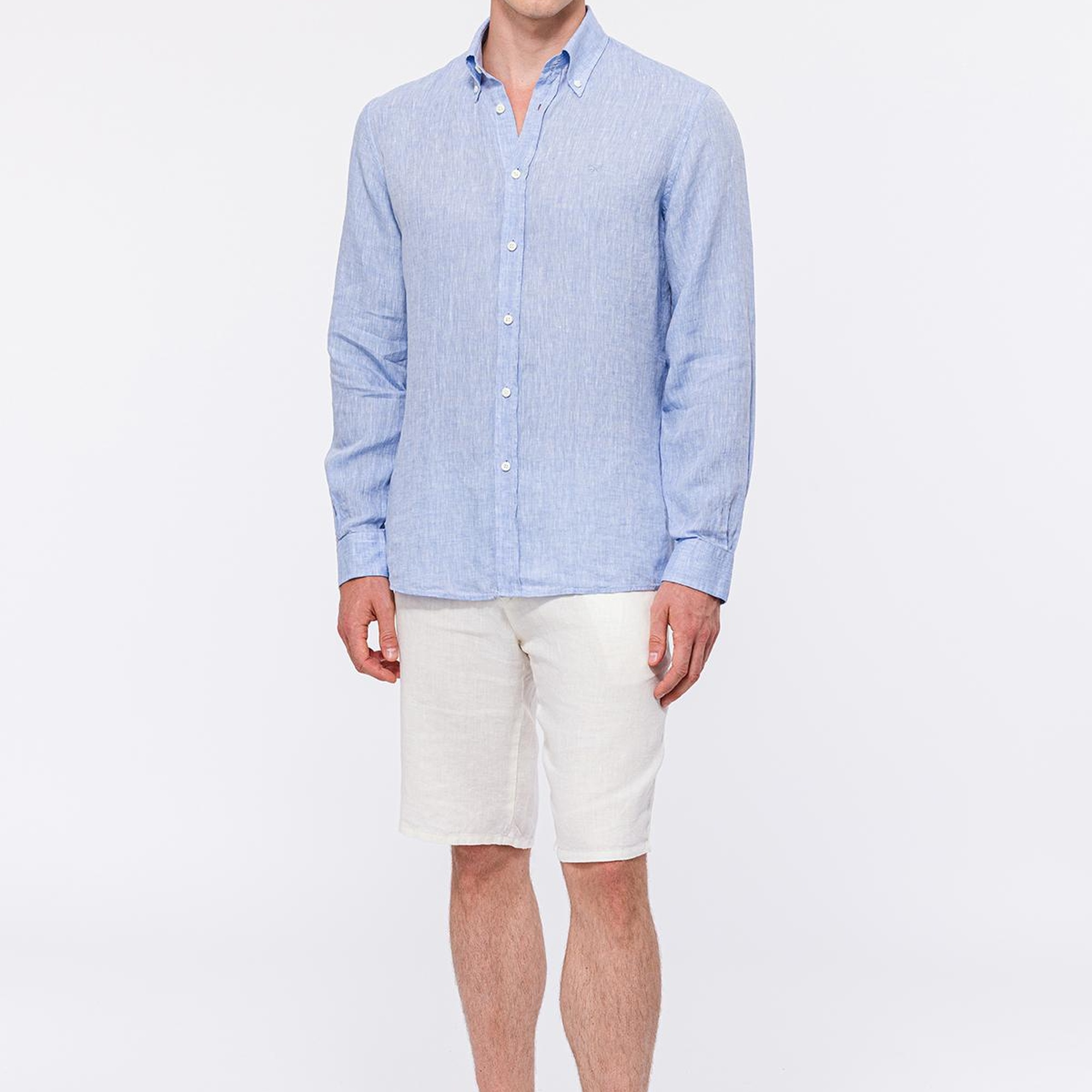 Erkek Açık Mavi Cooper Fit Düğmeli Yaka Keten Gömlek