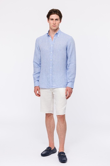  Erkek Açık Mavi Cooper Fit Düğmeli Yaka Keten Gömlek