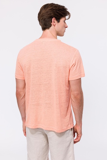  Erkek Pembe Bisiklet Yaka Keten T-Shirt