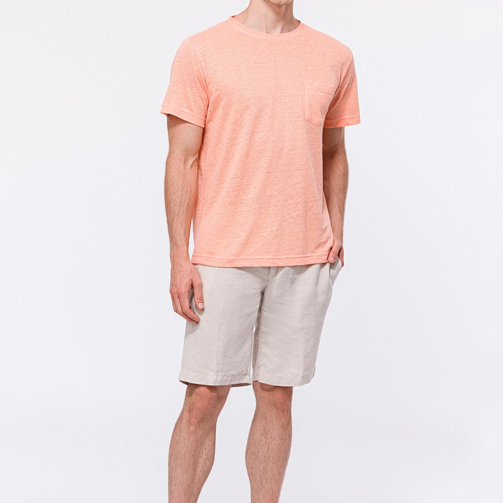 Erkek Pembe Bisiklet Yaka Keten T-Shirt