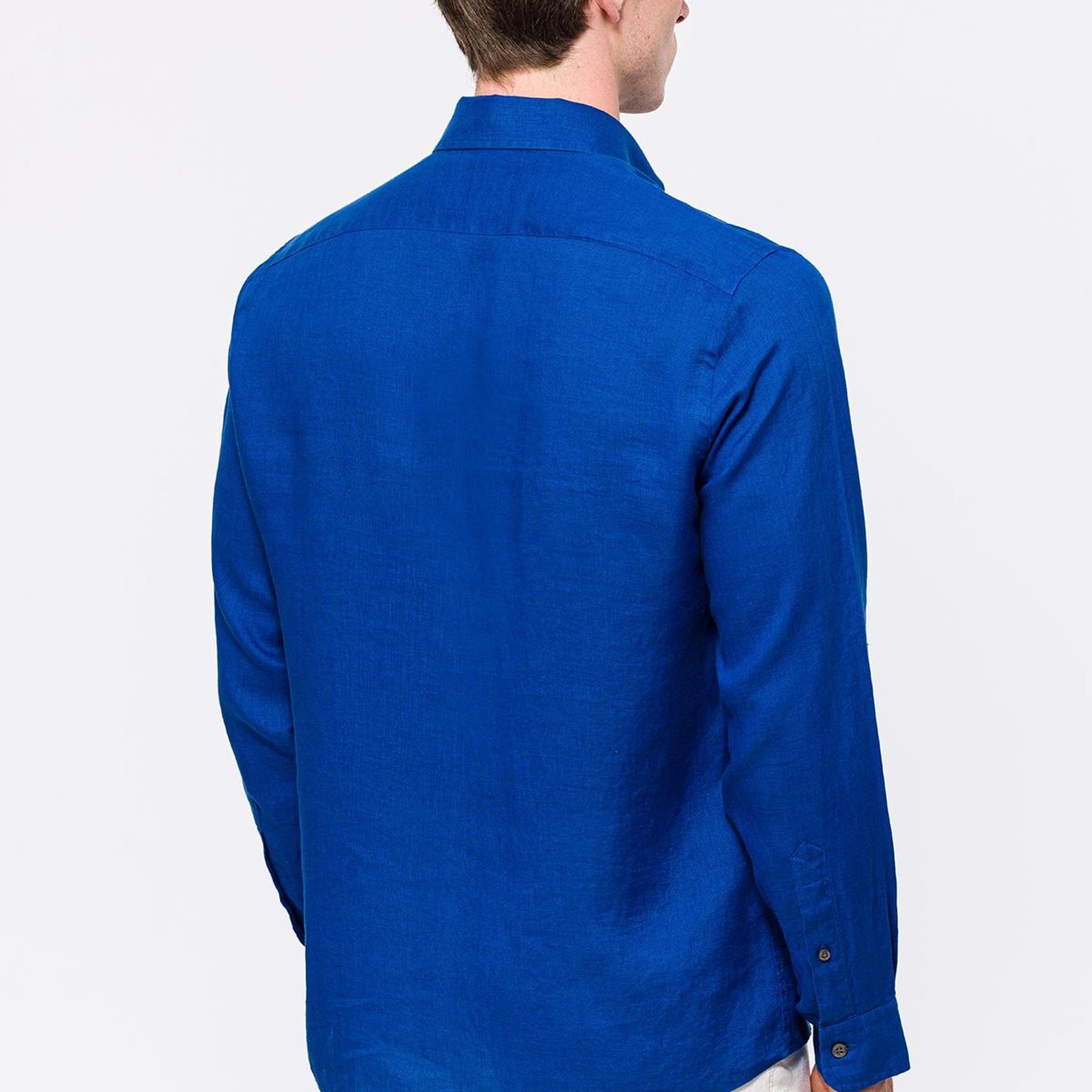 Erkek Koyu Mavi Cooper Fit Düğmeli Yaka Keten Gömlek