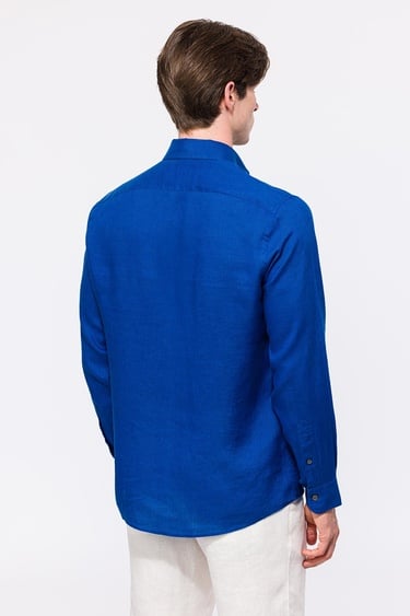  Erkek Koyu Mavi Cooper Fit Düğmeli Yaka Keten Gömlek
