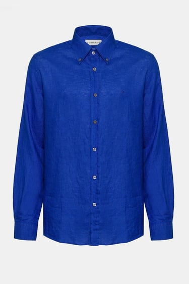  Erkek Koyu Mavi Cooper Fit Düğmeli Yaka Keten Gömlek
