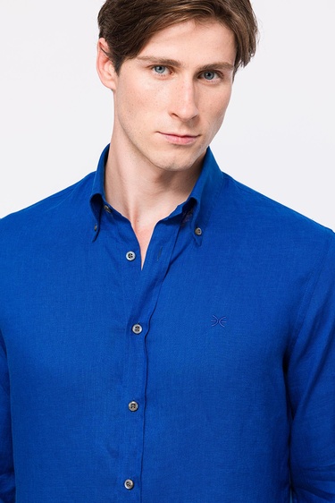  Erkek Koyu Mavi Cooper Fit Düğmeli Yaka Keten Gömlek