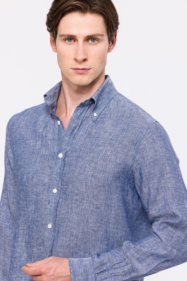  Erkek İndigo Cooper Fit Düğmeli Yaka Keten Gömlek
