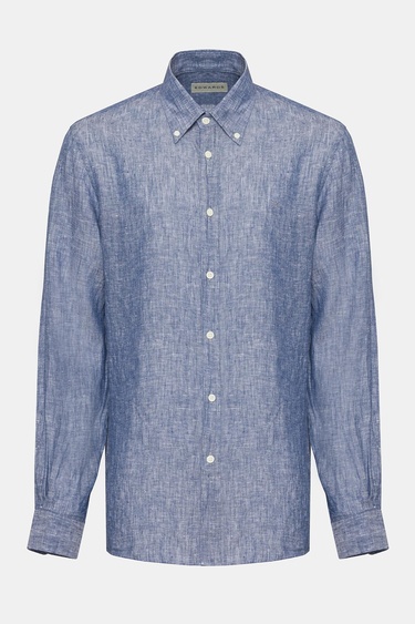  Erkek İndigo Cooper Fit Düğmeli Yaka Keten Gömlek