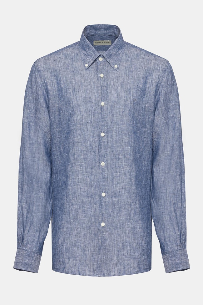  Erkek İndigo Cooper Fit Düğmeli Yaka Keten Gömlek