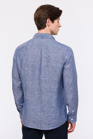  Erkek İndigo Cooper Fit Düğmeli Yaka Keten Gömlek
