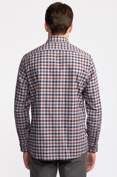  Erkek Kahverengi Cooper Fit Düğmeli Yaka Ekoseli Spor Gömlek