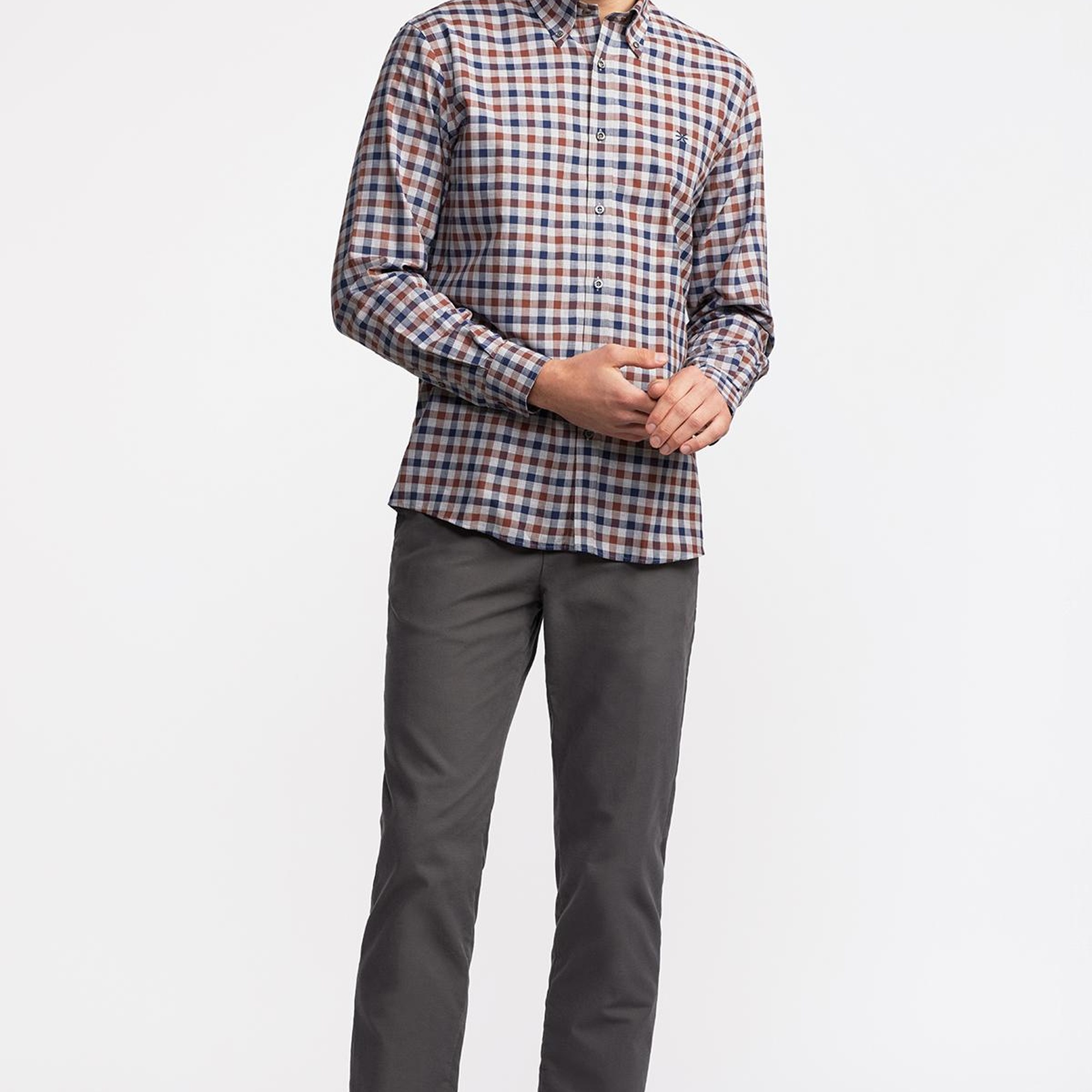 Erkek Kahverengi Cooper Fit Düğmeli Yaka Ekoseli Spor Gömlek