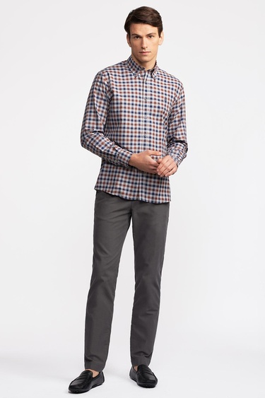  Erkek Kahverengi Cooper Fit Düğmeli Yaka Ekoseli Spor Gömlek