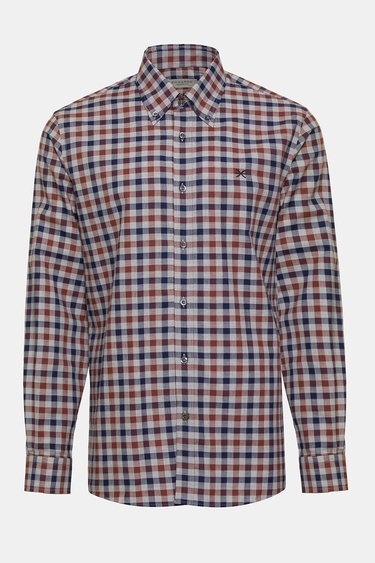  Erkek Kahverengi Cooper Fit Düğmeli Yaka Ekoseli Spor Gömlek