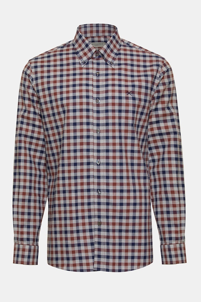  Erkek Kahverengi Cooper Fit Düğmeli Yaka Ekoseli Spor Gömlek