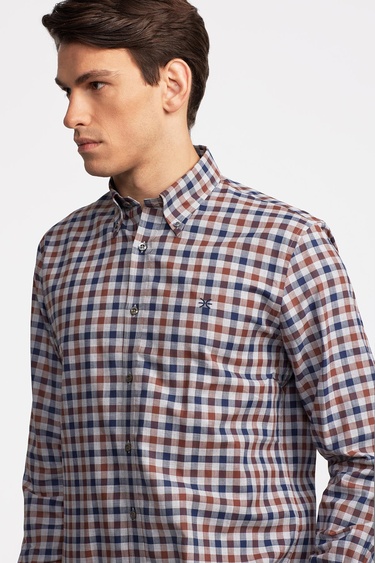  Erkek Kahverengi Cooper Fit Düğmeli Yaka Ekoseli Spor Gömlek