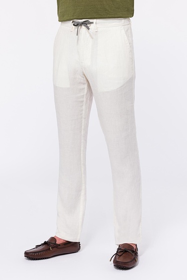  Erkek Beyaz Leomaster Bağcıklı Keten Pantolon