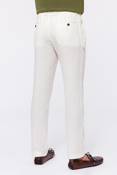  Erkek Beyaz Leomaster Bağcıklı Keten Pantolon