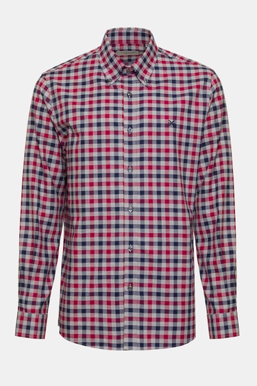  Erkek Bordo Cooper Fit Düğmeli Yaka Ekoseli Spor Gömlek