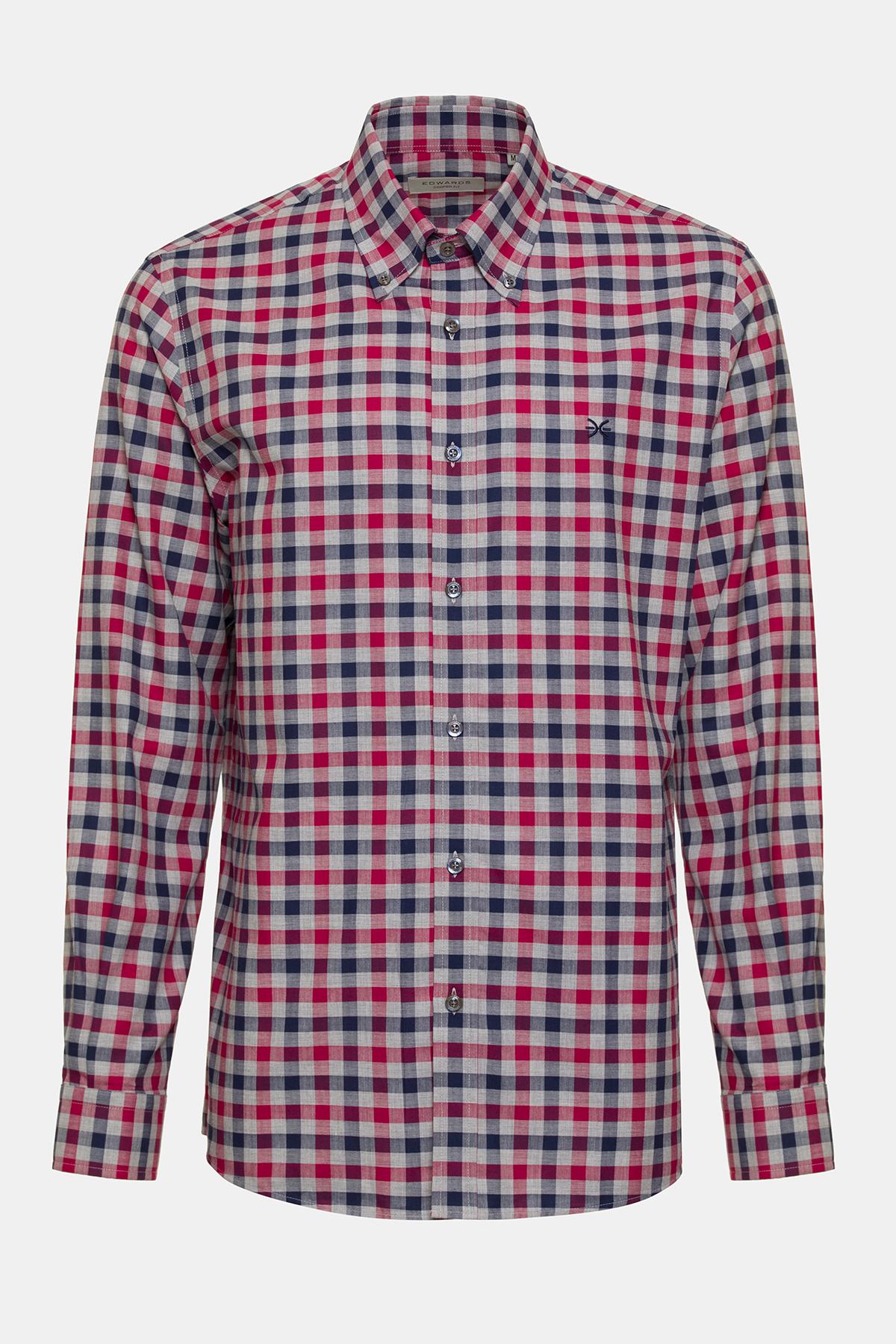  Erkek Bordo Cooper Fit Düğmeli Yaka Ekoseli Spor Gömlek