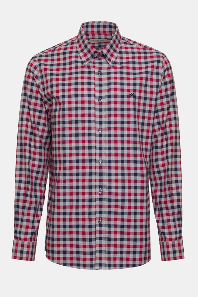  Erkek Bordo Cooper Fit Düğmeli Yaka Ekoseli Spor Gömlek