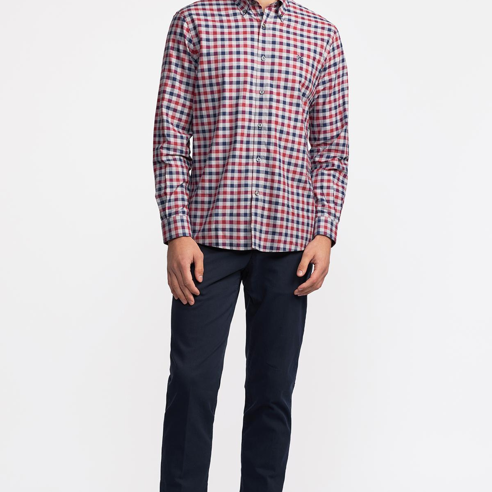 Erkek Bordo Cooper Fit Düğmeli Yaka Ekoseli Spor Gömlek