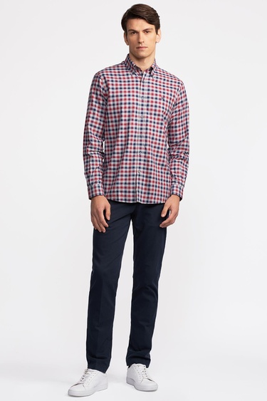  Erkek Bordo Cooper Fit Düğmeli Yaka Ekoseli Spor Gömlek