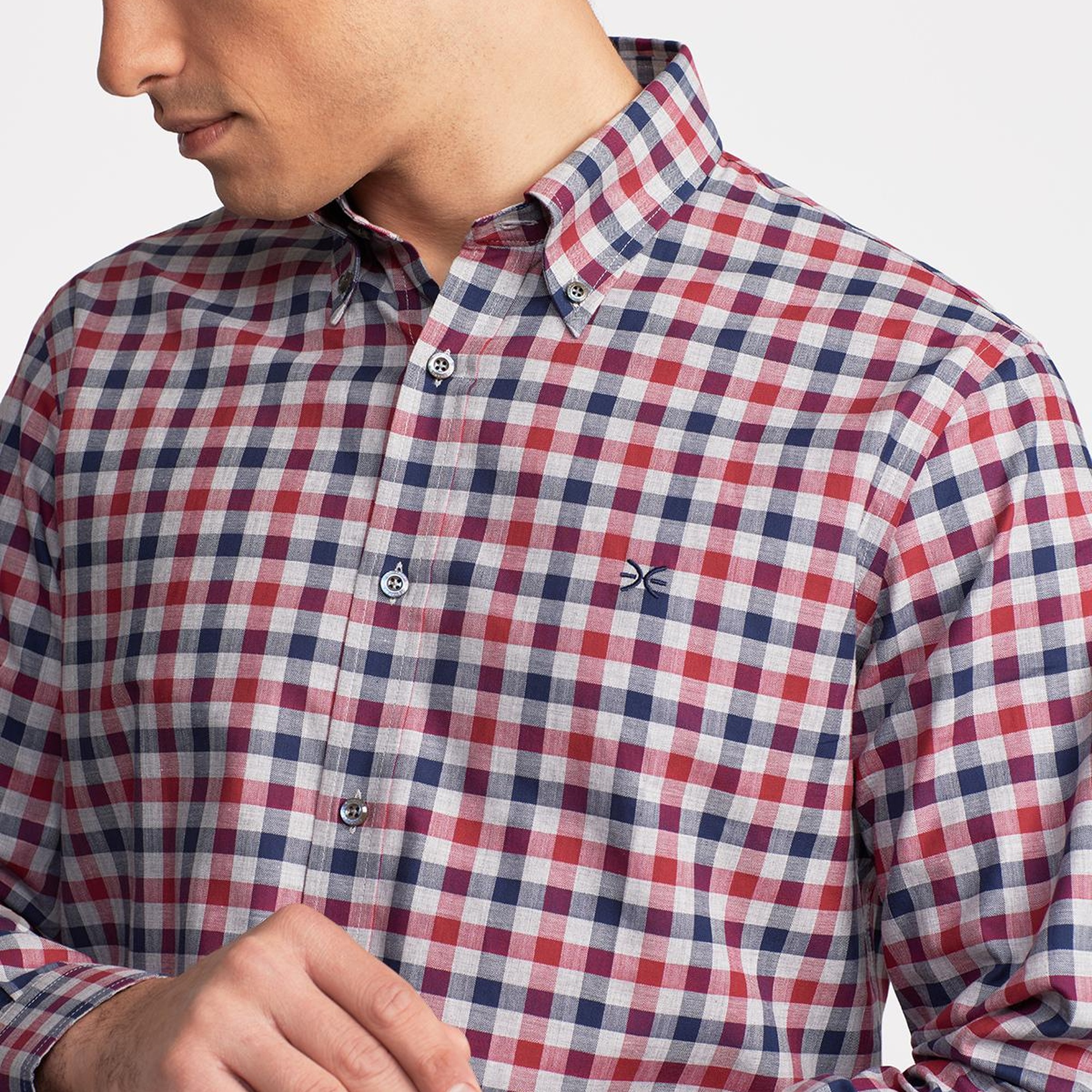 Erkek Bordo Cooper Fit Düğmeli Yaka Ekoseli Spor Gömlek