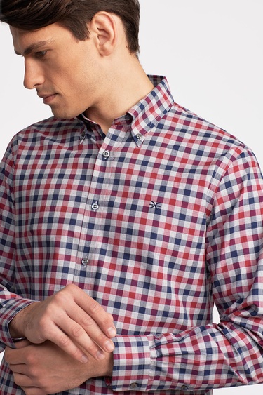  Erkek Bordo Cooper Fit Düğmeli Yaka Ekoseli Spor Gömlek