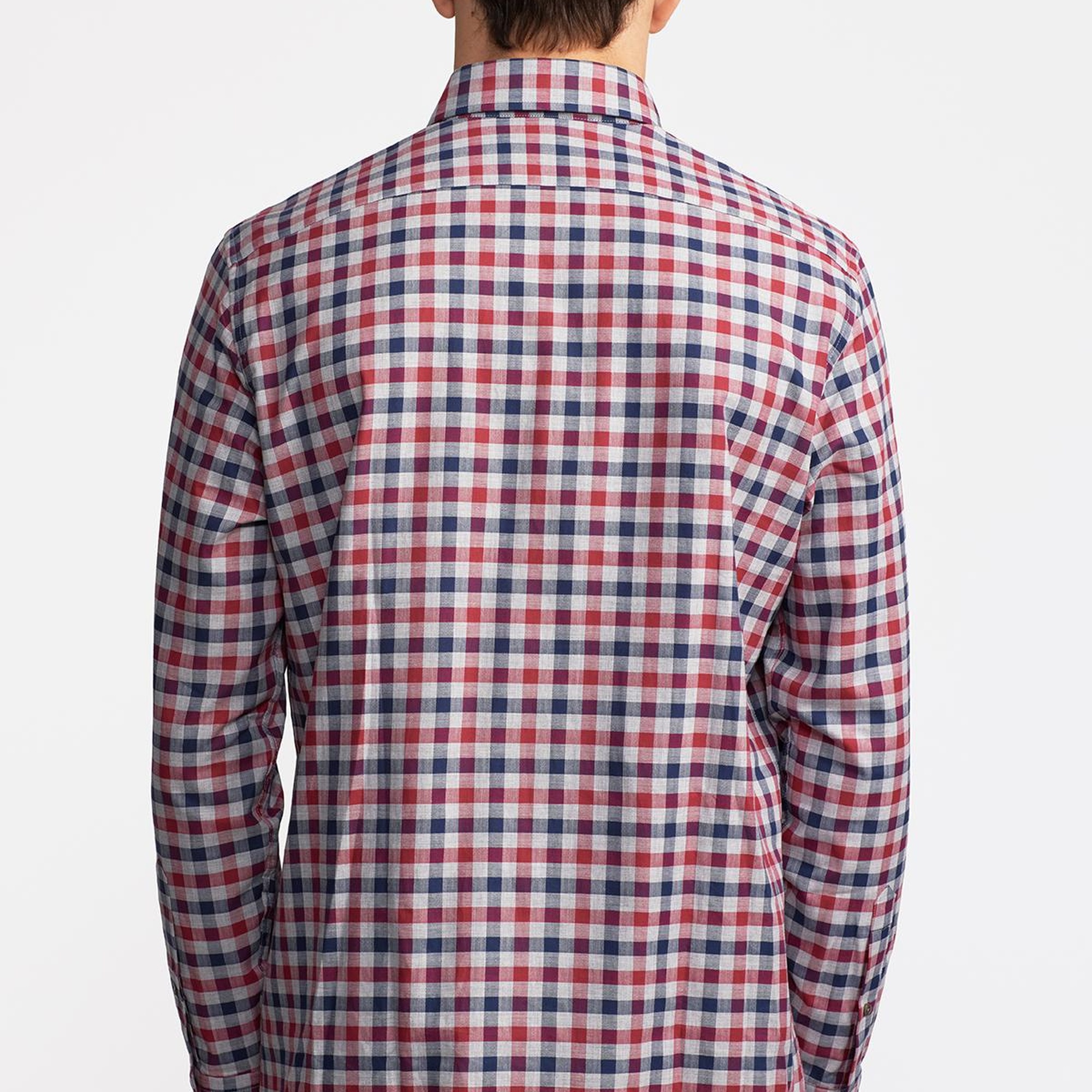 Erkek Bordo Cooper Fit Düğmeli Yaka Ekoseli Spor Gömlek