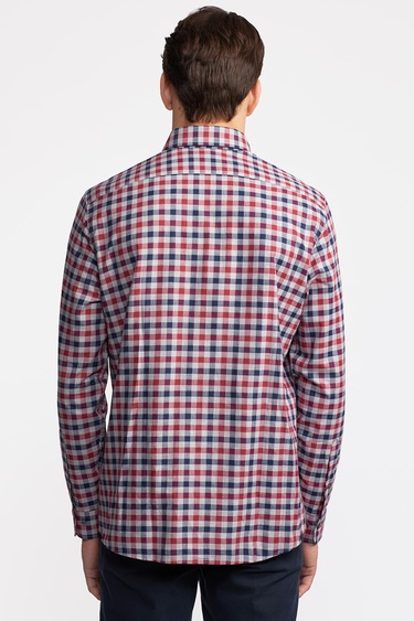  Erkek Bordo Cooper Fit Düğmeli Yaka Ekoseli Spor Gömlek