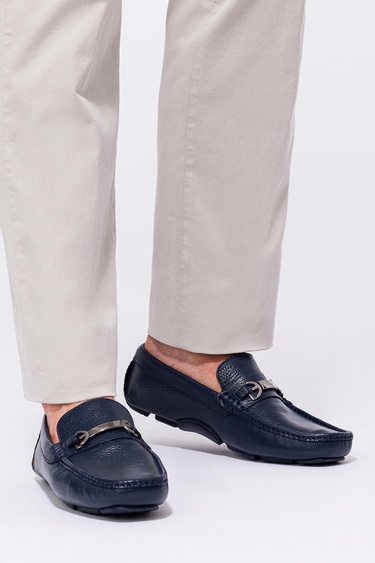  Erkek Lacivert Deri Tokalı Loafer