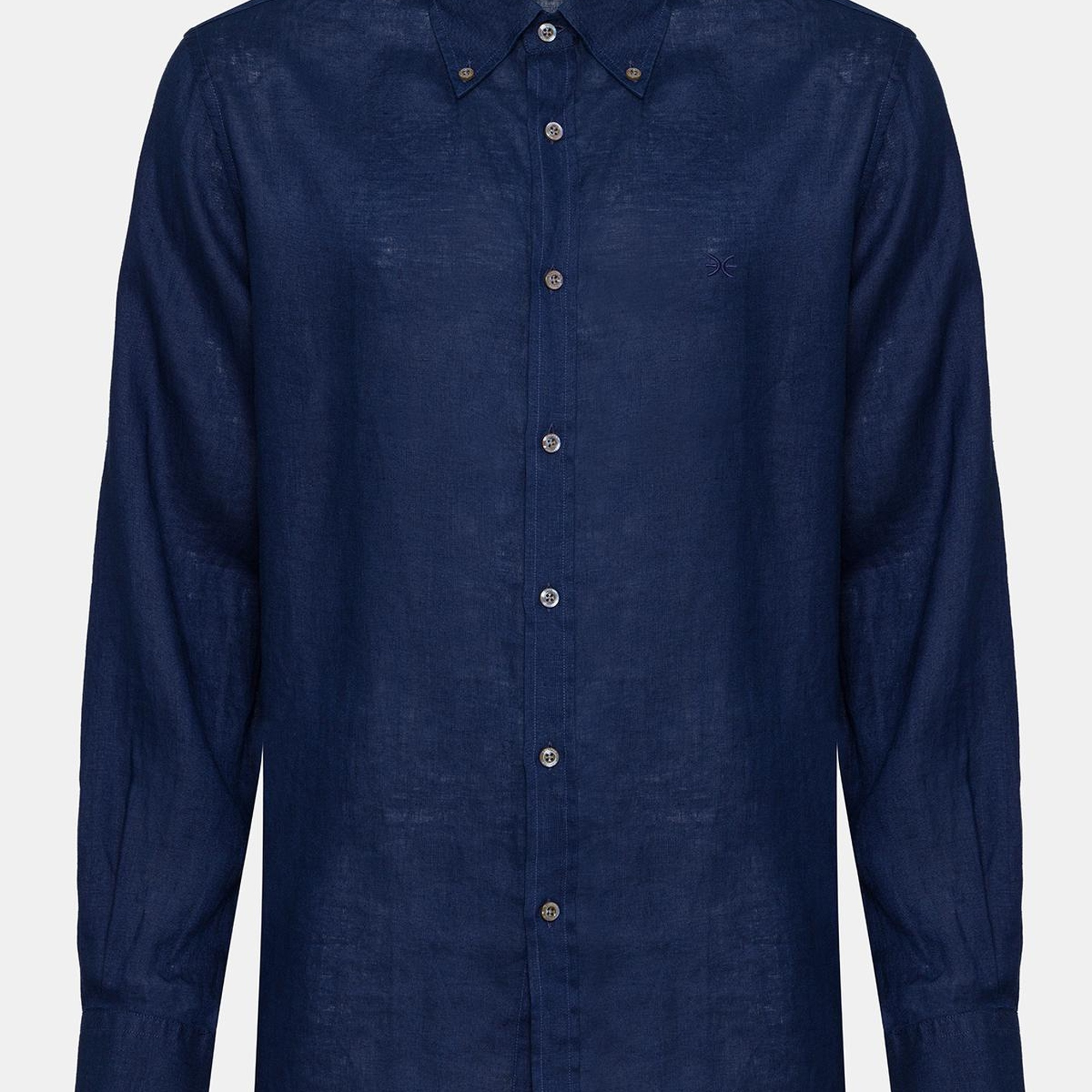 Erkek Lacivert Cooper Fit Düğmeli Yaka Keten Gömlek