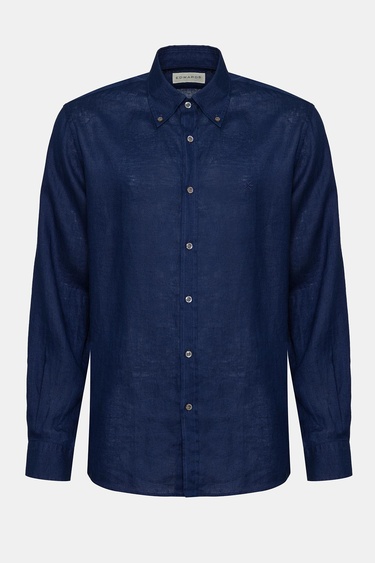  Erkek Lacivert Cooper Fit Düğmeli Yaka Keten Gömlek