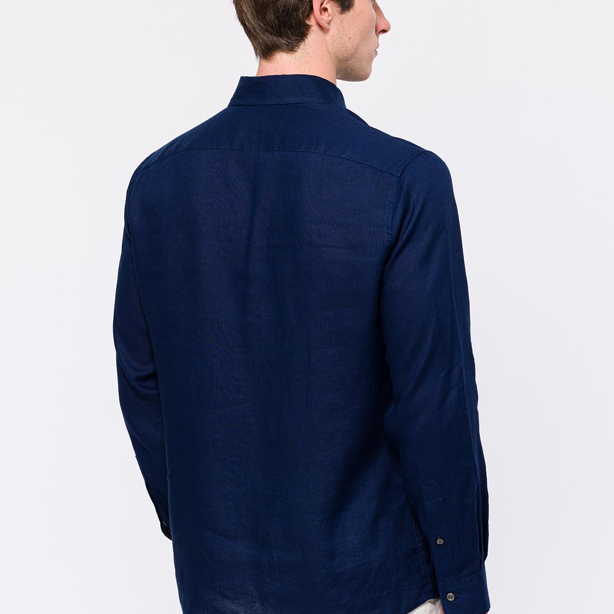 Erkek Lacivert Cooper Fit Düğmeli Yaka Keten Gömlek