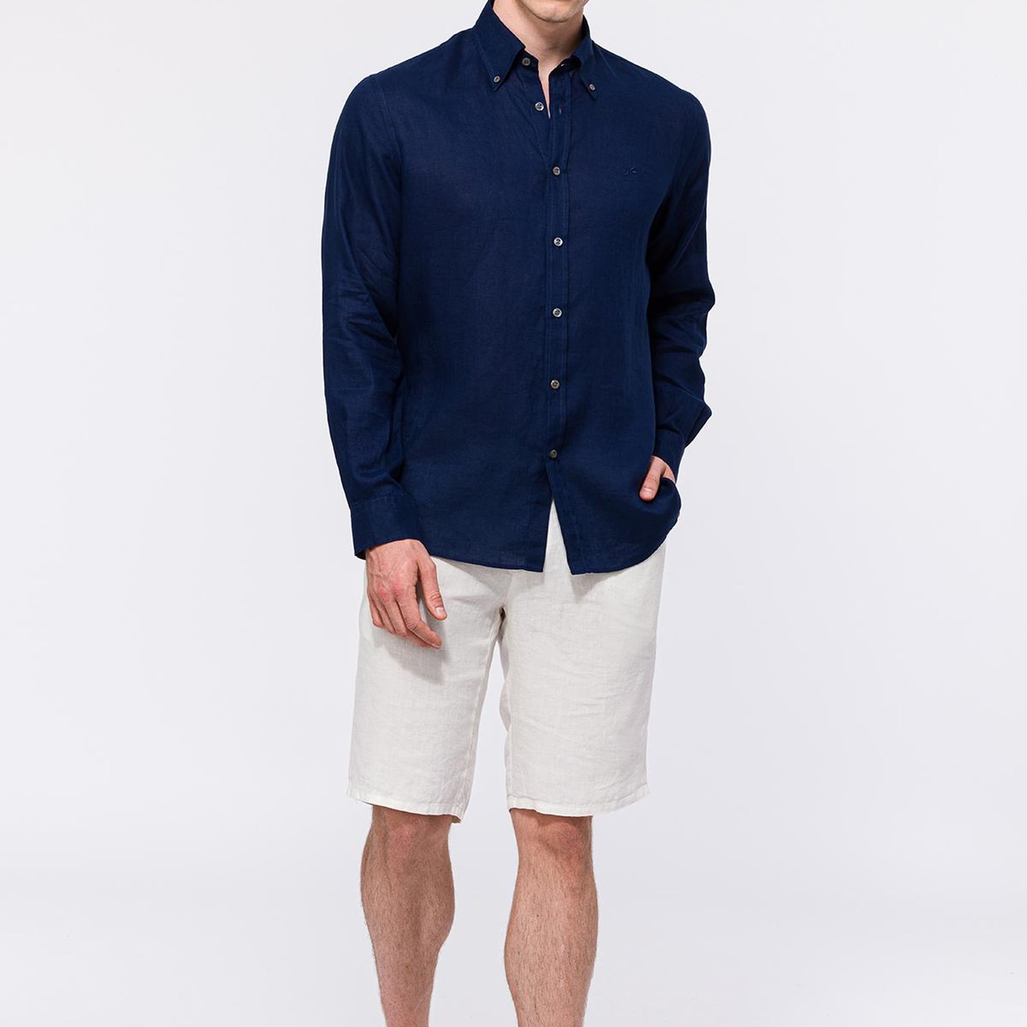Erkek Lacivert Cooper Fit Düğmeli Yaka Keten Gömlek