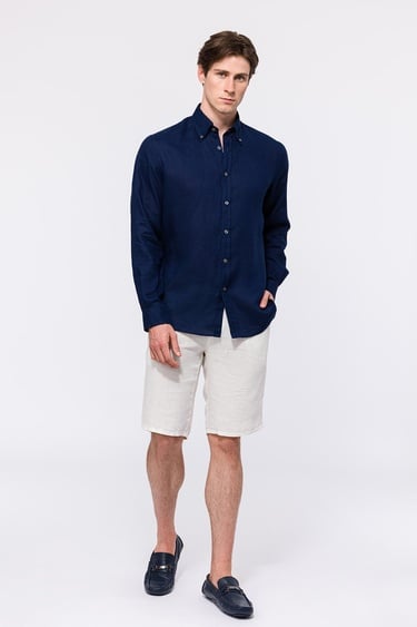  Erkek Lacivert Cooper Fit Düğmeli Yaka Keten Gömlek