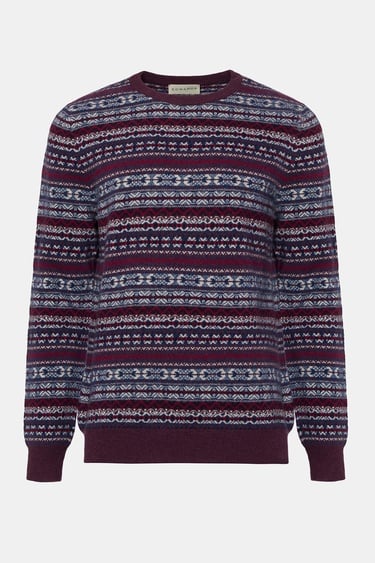  Erkek Bordo Bisiklet Yaka Desenli Lambswool Kazak